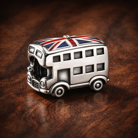 London Bus Charm - Union Jack Double Decker Bus Charm — display on walnut