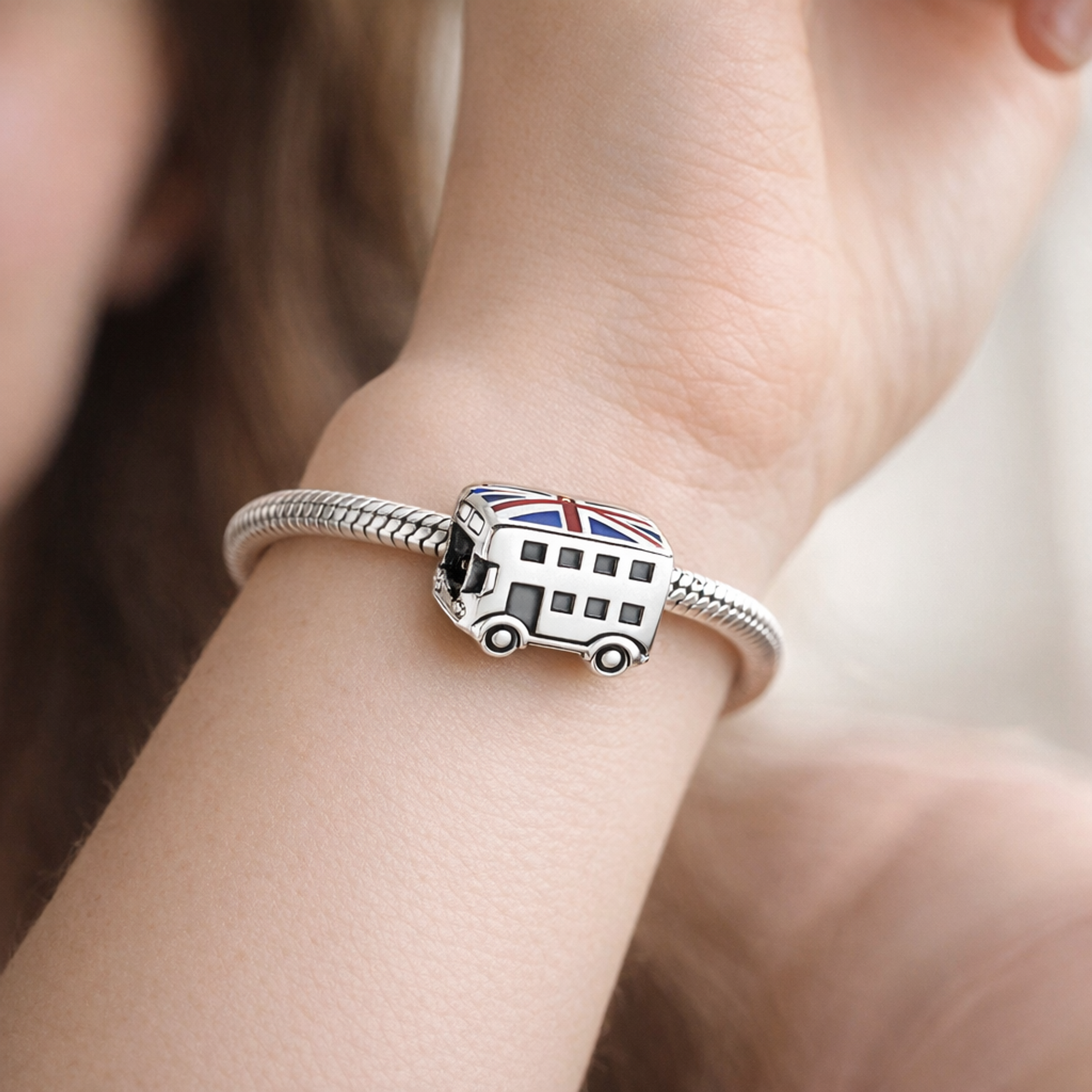 London Bus Charm - Union Jack Double Decker Bus Charm — worn on wrist