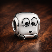 White Robot Head Charm - Cute White Robot Head Charm — display on walnut