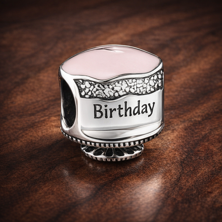 Birthday Cake Charm - Pink Birthday Cake Charm — display on walnut