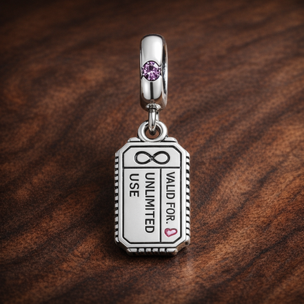 New York Ticket Charm - I Love NY Ticket Dangle Charm — display on walnut