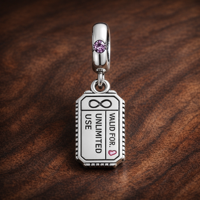 New York Ticket Charm - I Love NY Ticket Dangle Charm — display on walnut