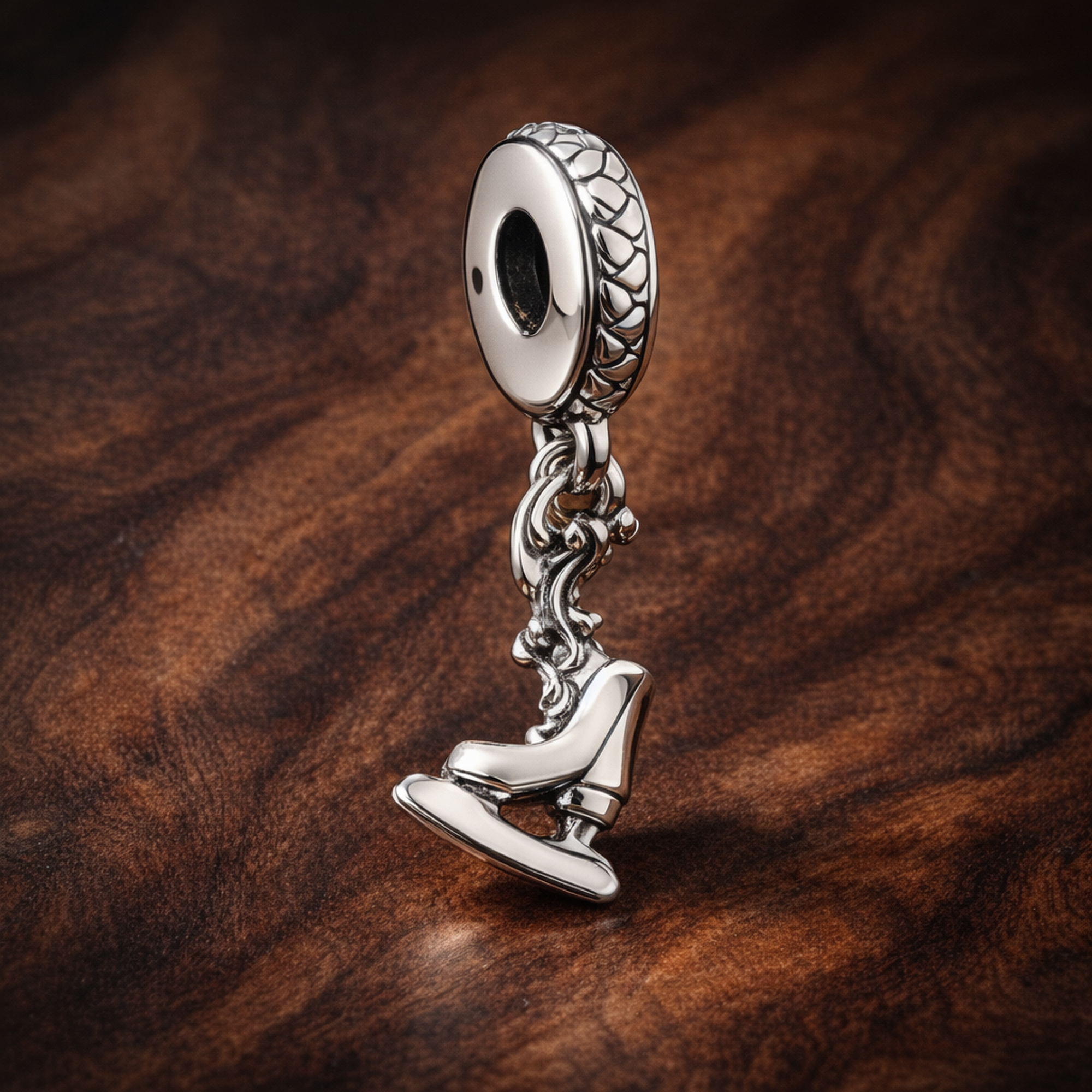 Figure Skate Charm - Ice Skate Dangle Charm — display on walnut
