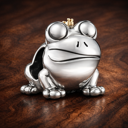 Silver Frog Prince Charm - Silver Frog with Gold Plated Crown Charm — display on walnut