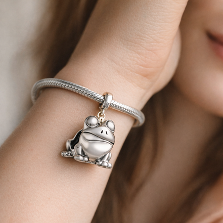 Silver Frog Prince Charm - Silver Frog with Gold Plated Crown Charm — worn on wrist