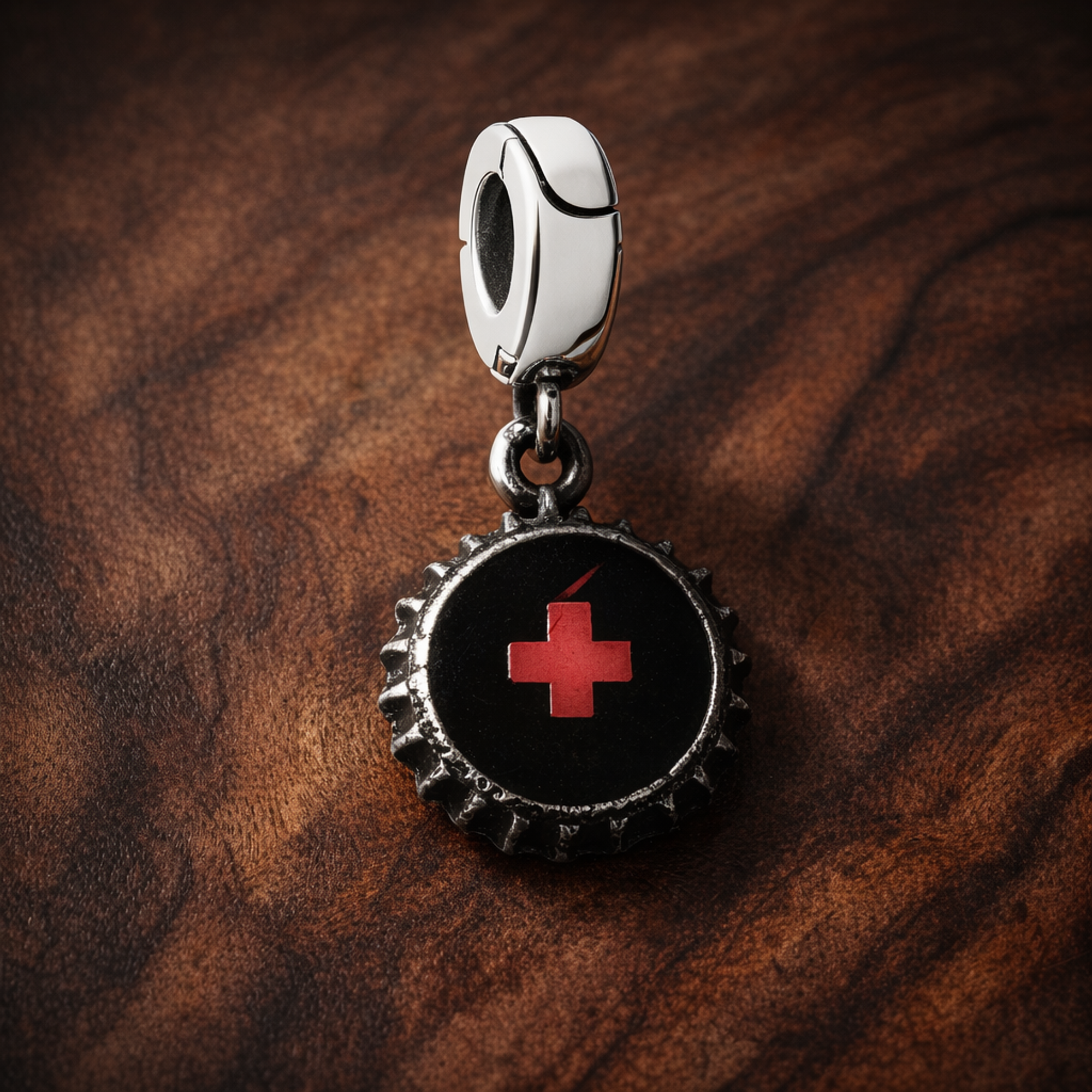 Nurse Dangle Charm — display on walnut