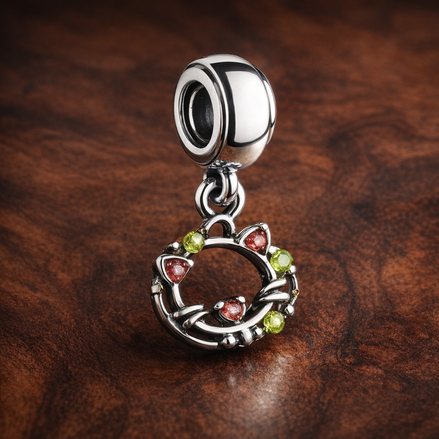 Chicken Plate Charm - Chicken Dinner Plate Dangle Charm — display on walnut