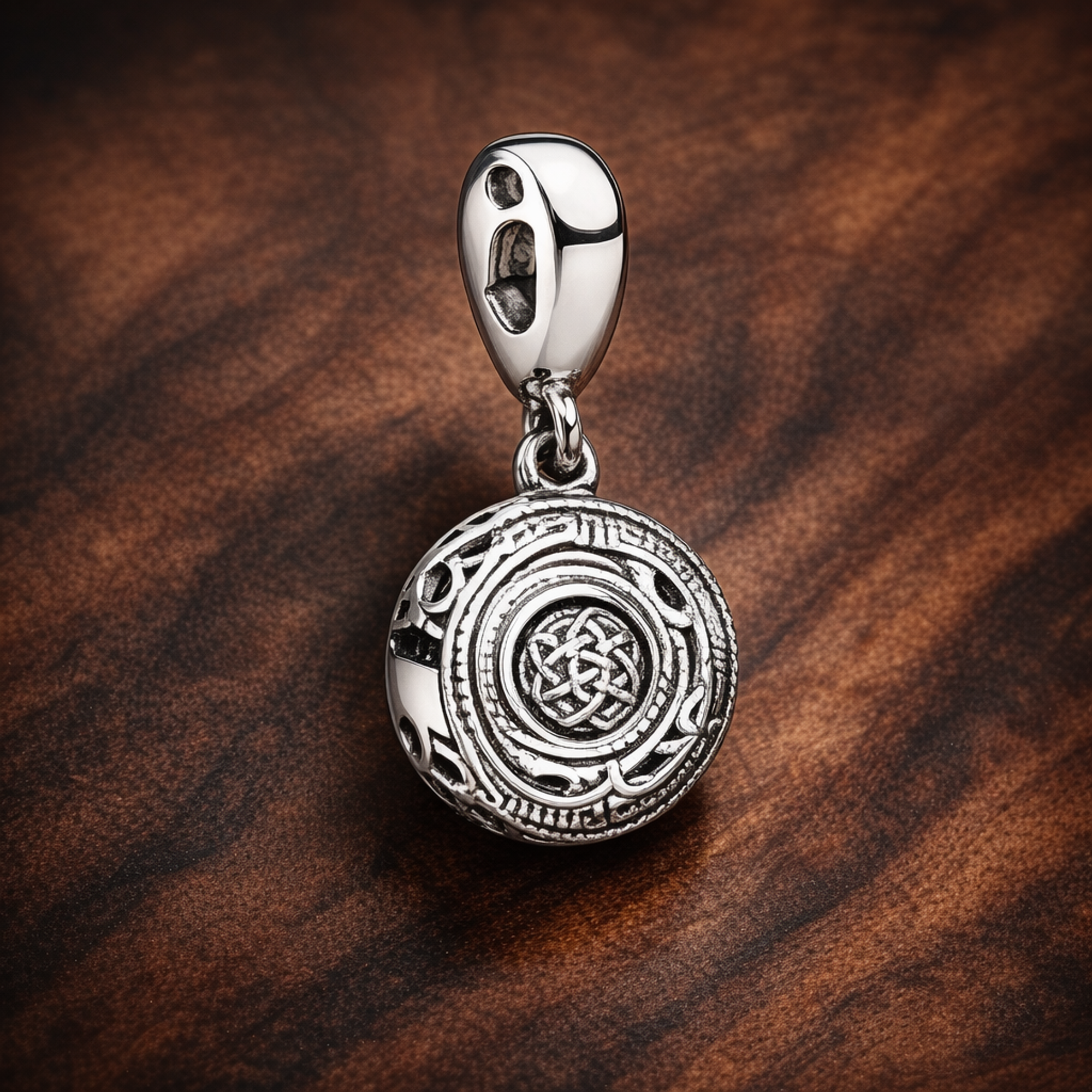 Round Medallion Charm - Ornate Round Medallion Dangle Charm — display on walnut