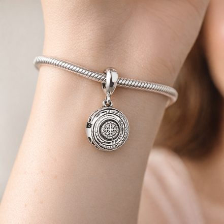 Round Medallion Charm - Ornate Round Medallion Dangle Charm — worn on wrist