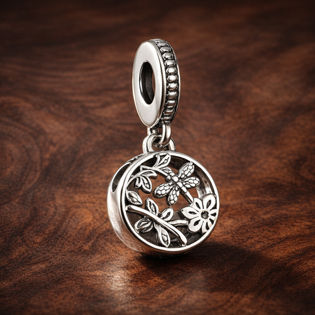Pearl Shell Charm - Pearl and Shell Floral Dangle Charm — display on walnut