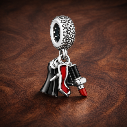 Shopping Bags Charm - Red Black Shopping Bags Charm — display on walnut