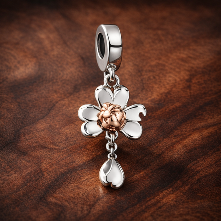 Peach Flower Charm - Peach Blossom Dangle Charm — display on walnut