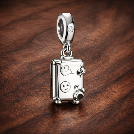 Suitcase Charm - Smiling Suitcase Travel Charm — display on walnut