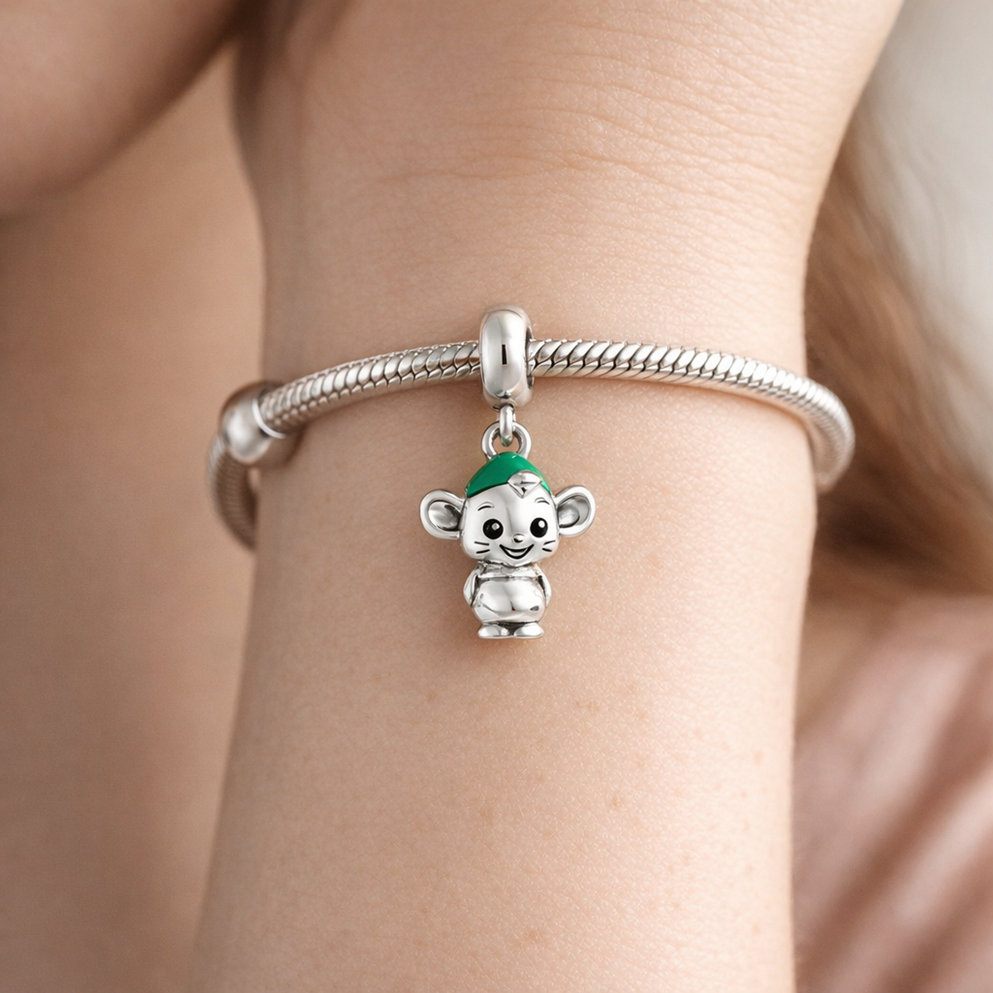 Monkey Elf Charm - Tiny Monkey with Green Hat Charm — worn on wrist