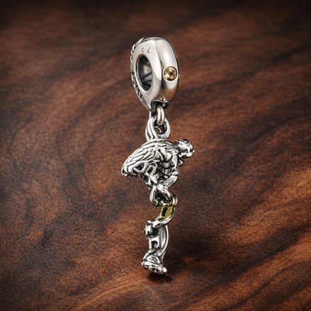 Shooting Star Charm - Shooting Star and Moon Dangle Charm — display on walnut