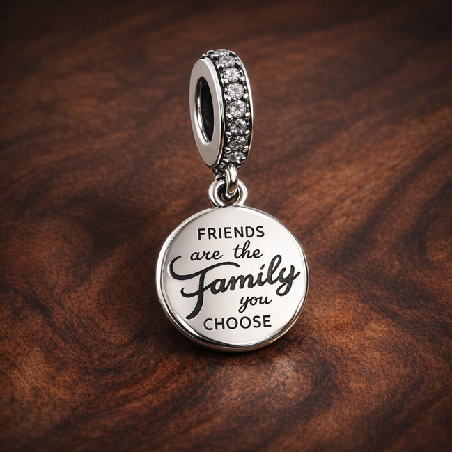 Friends Are Family Dangle Charm — display on walnut