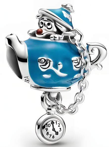 Sterling Silver Whimsical Teapot Charm with Blue Enamel & Clock Chain