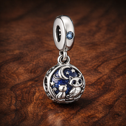 Snowman Night Charm - Snowman Under Stars Dangle Charm — display on walnut
