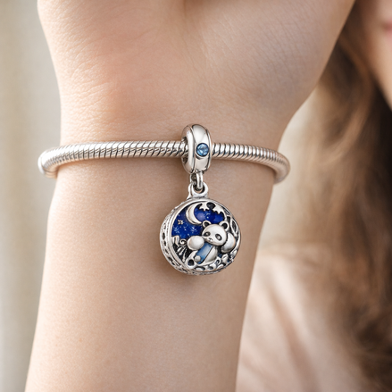 Snowman Night Charm - Snowman Under Stars Dangle Charm — worn on wrist