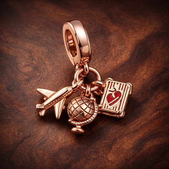 World Travel Charm - Airplane Globe and Passport Charm — display on walnut