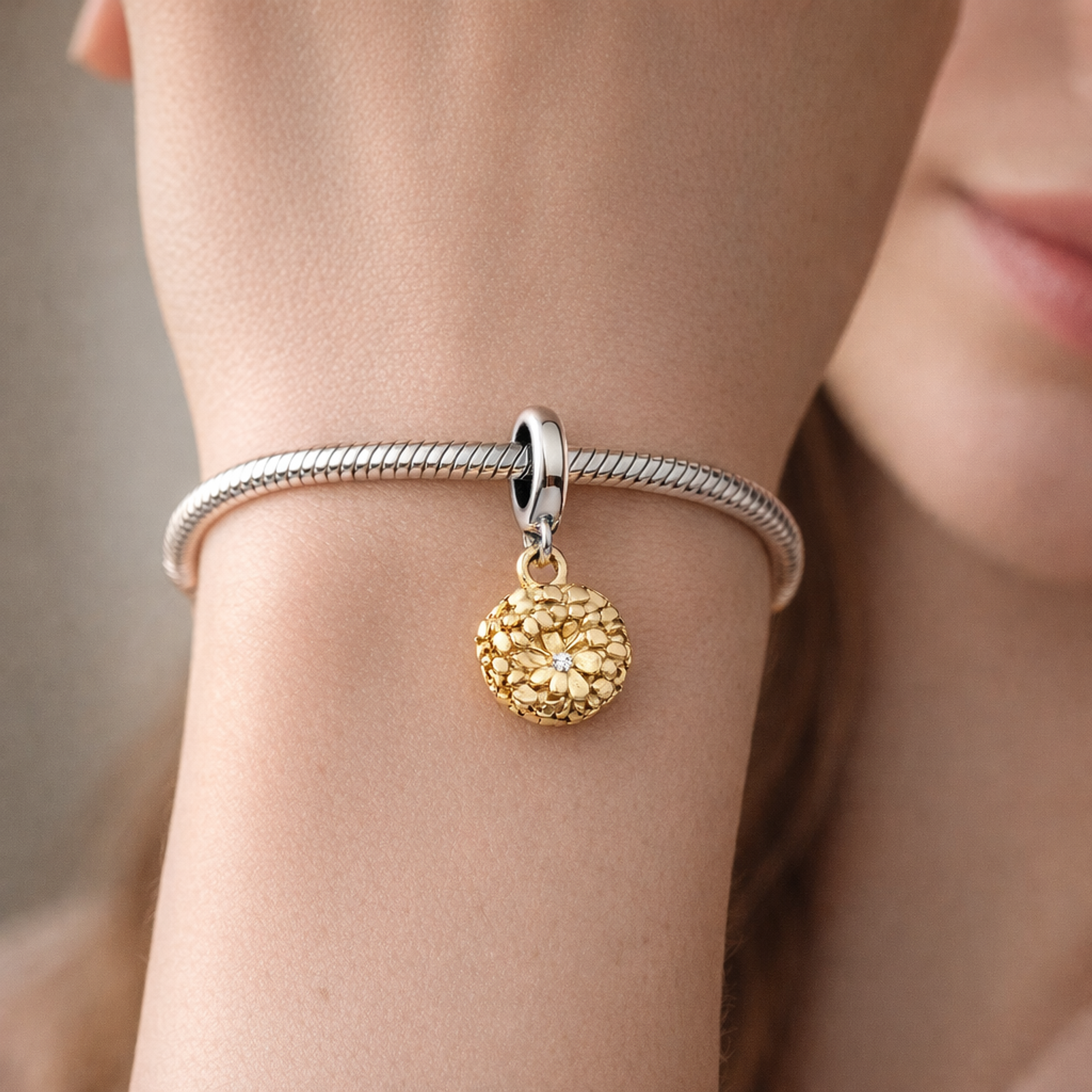 My Pandora Two-tone Daisy Double Dangle Charm — worn on wrist