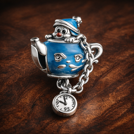 Blue Wizard Teacup Charm - Blue Wizard Teacup Dangle Charm — display on walnut