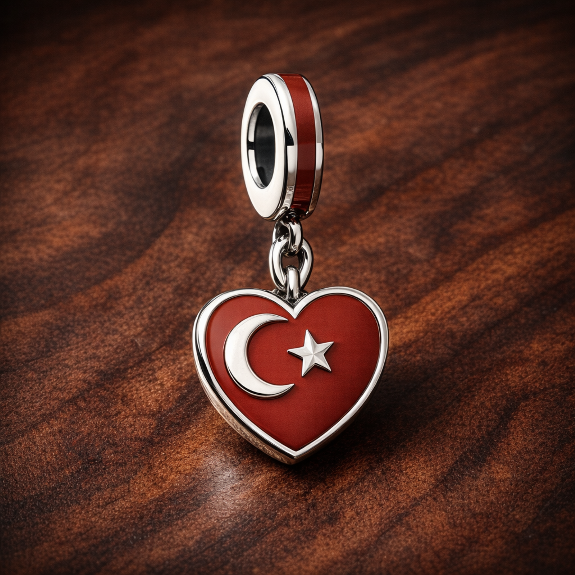 Turkey Heart Charm - Turkish Flag Heart Dangle Charm — display on walnut