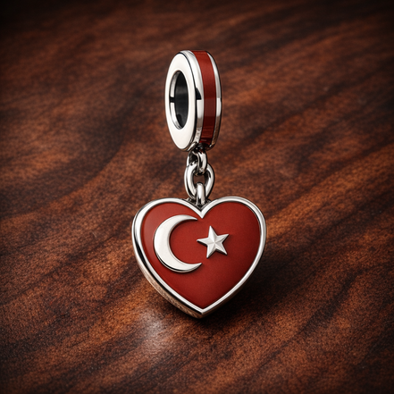 Turkey Heart Charm - Turkish Flag Heart Dangle Charm — display on walnut