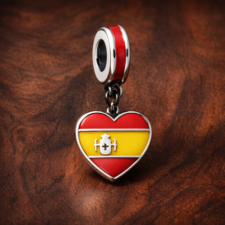 Spain Heart Charm - Spanish Flag Heart Dangle Charm — display on walnut