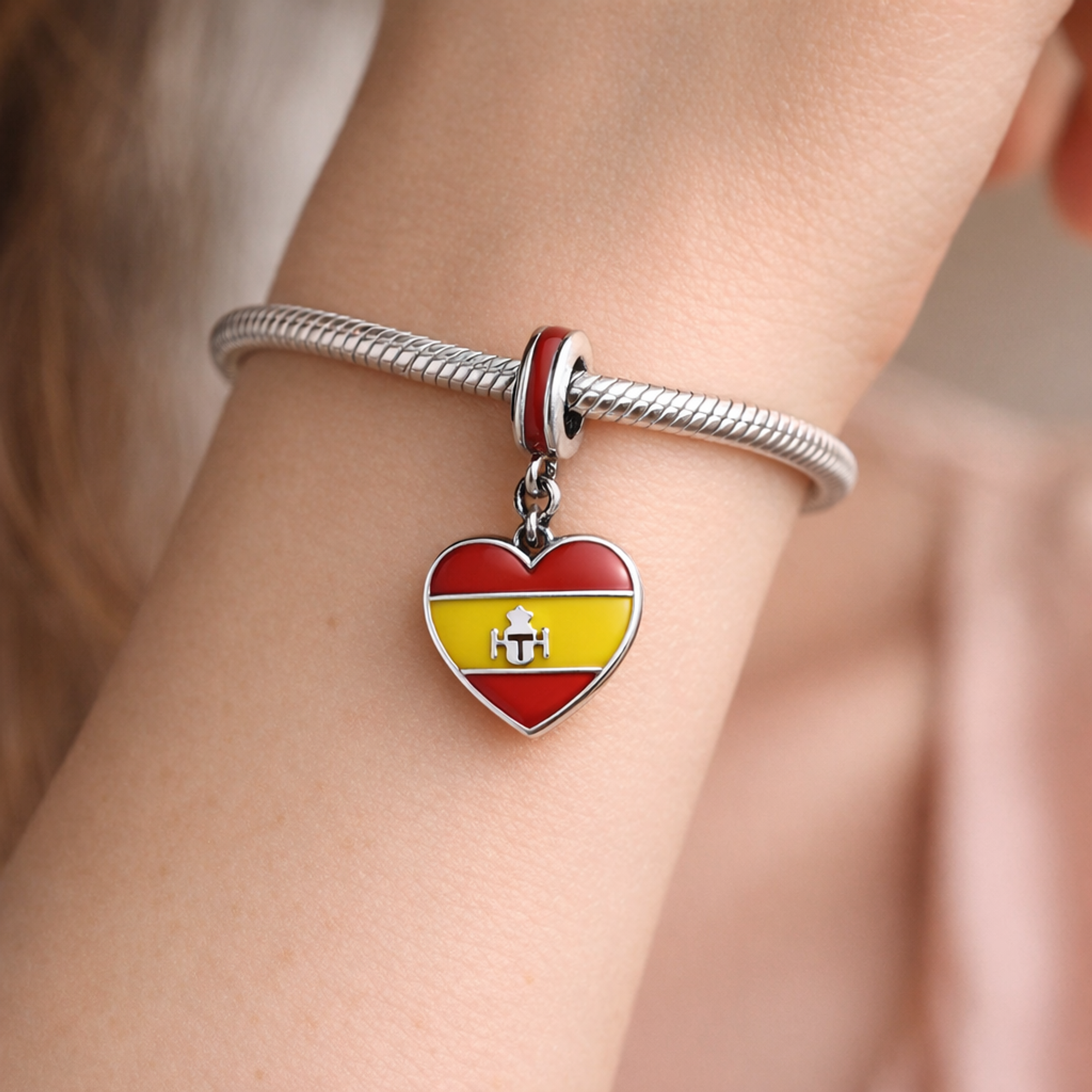 Spain Heart Charm - Spanish Flag Heart Dangle Charm — worn on wrist