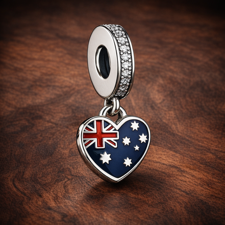 Australia Heart Charm - Australian Flag Heart Dangle Charm — display on walnut