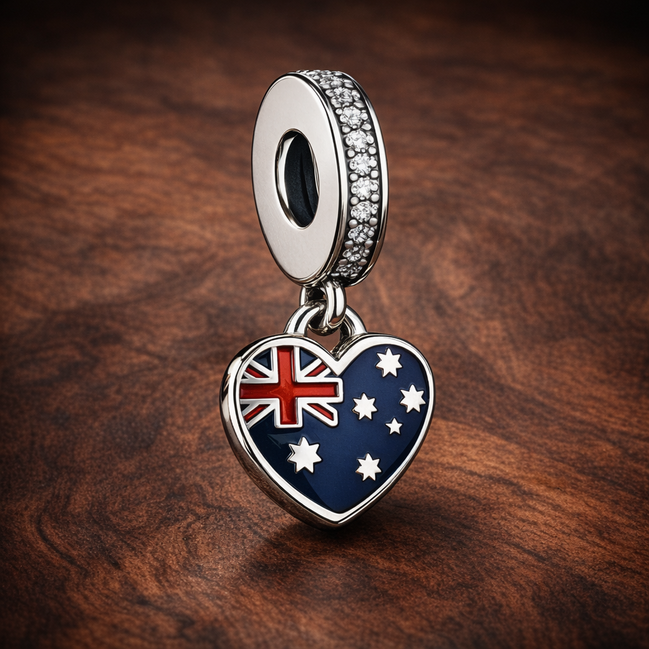 Australia Heart Charm - Australian Flag Heart Dangle Charm — display on walnut