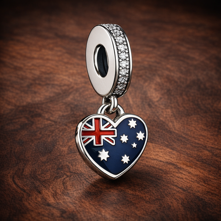 Australia Heart Charm - Australian Flag Heart Dangle Charm — display on walnut