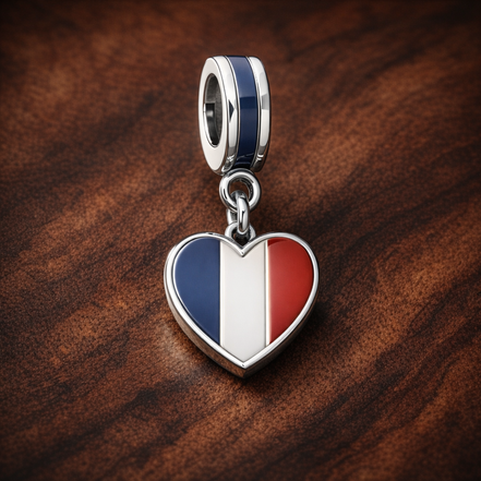 France Heart Charm - French Flag Heart Dangle Charm — display on walnut