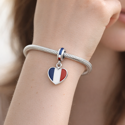 France Heart Charm - French Flag Heart Dangle Charm — worn on wrist