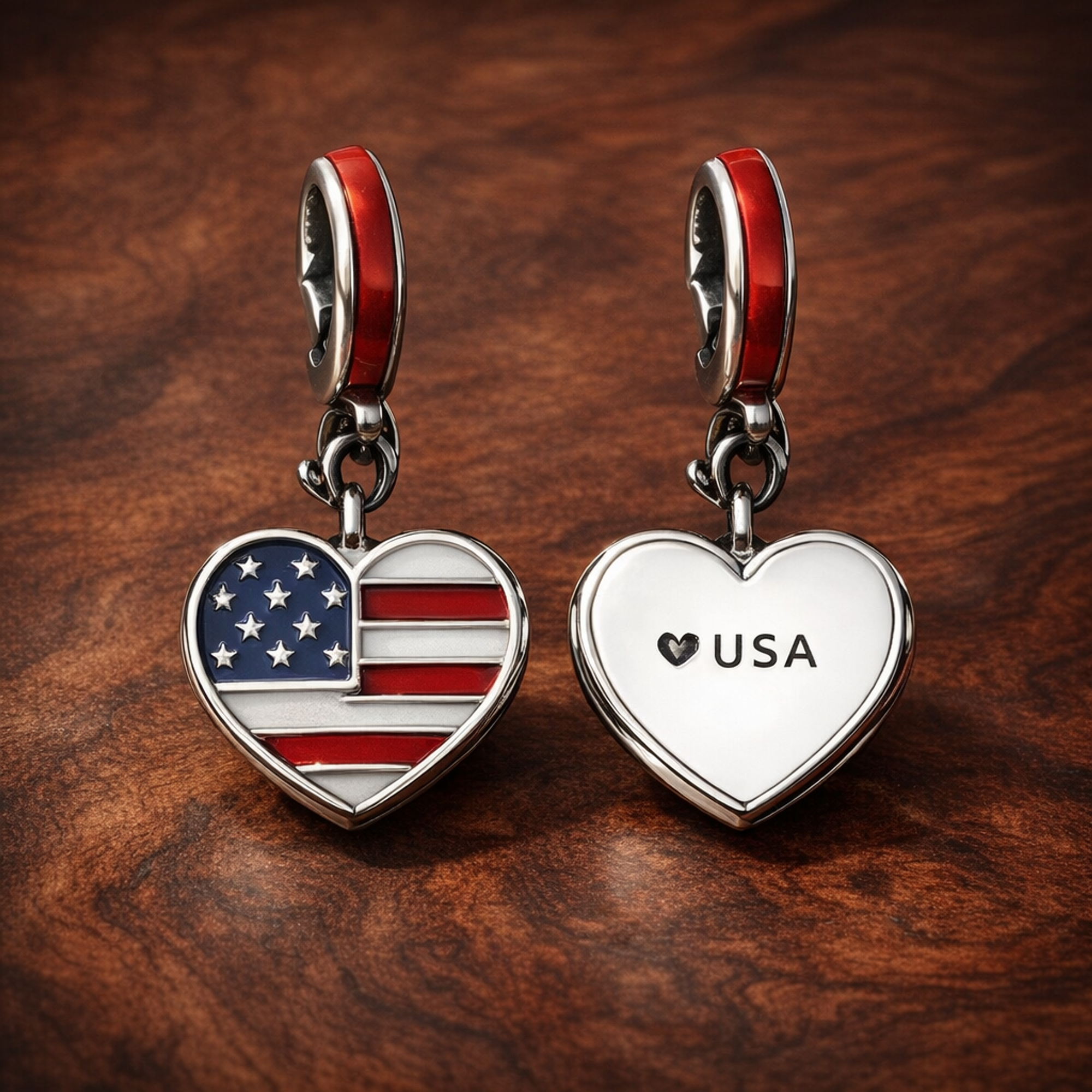 USA Heart Charm - American Flag USA Heart Charm — display on walnut