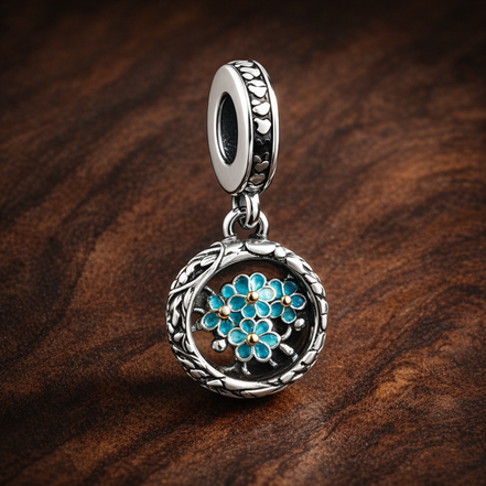 Turquoise Floral Charm - Turquoise Flower Medallion Charm — display on walnut
