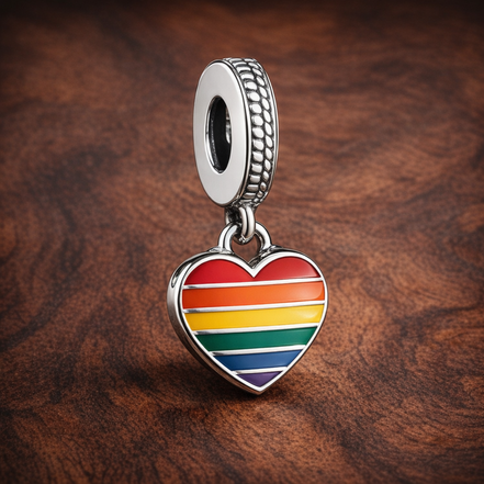 Pride Rainbow Heart Dangle Charm — display on walnut