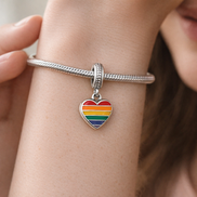 Pride Rainbow Heart Dangle Charm — worn on wrist