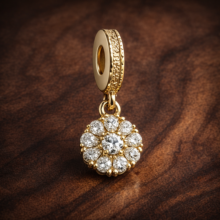 Gold Plated Cluster Charm - Gold Plated Clear Stone Cluster Charm — display on walnut