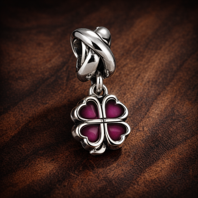 Purple Clover Charm - Purple Four Leaf Clover Charm — display on walnut