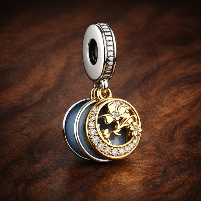 Celestial Disc Charm - Blue and Gold Plated Celestial Disc Charm — display on walnut