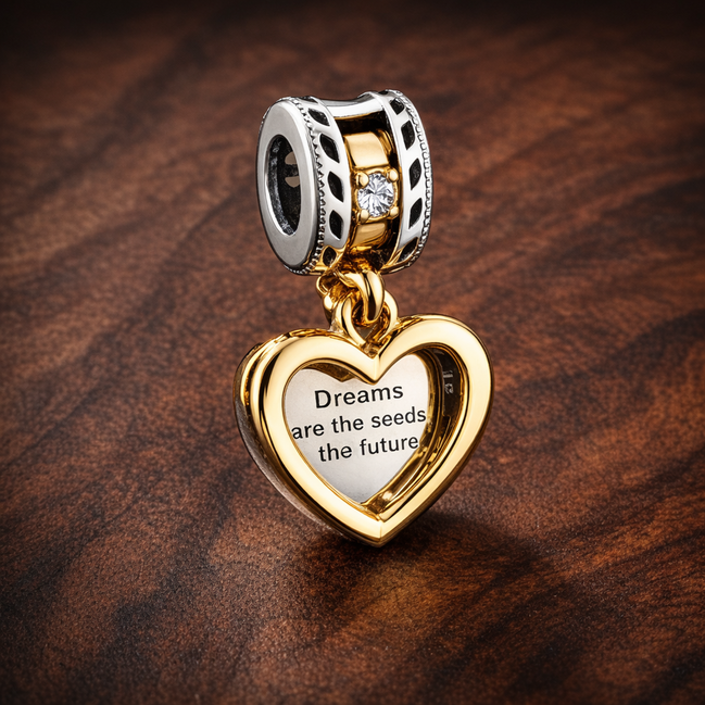 Dream Heart Charm - Gold Plated Dream Seeds Future Heart Charm — display on walnut
