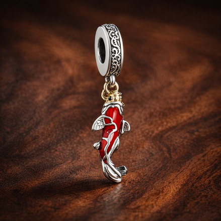 Koi Fish Charm - Red Koi Fish Dangle Charm — display on walnut