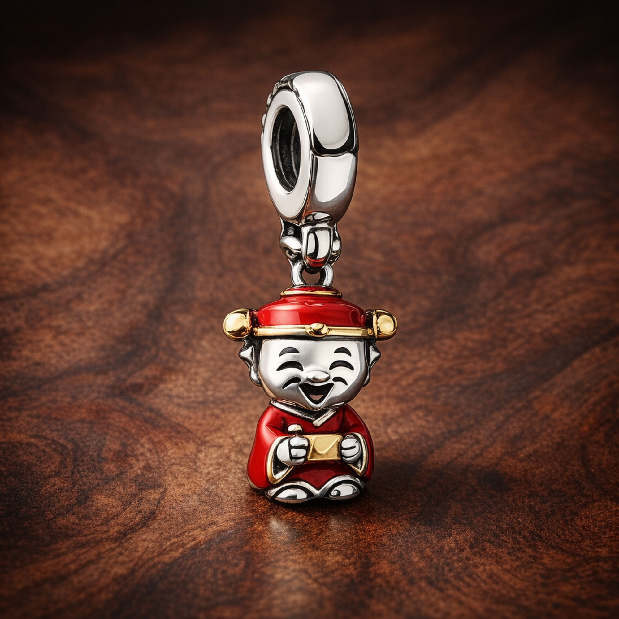 Fire Hydrant Charm - Red Fire Hydrant Dangle Charm — display on walnut
