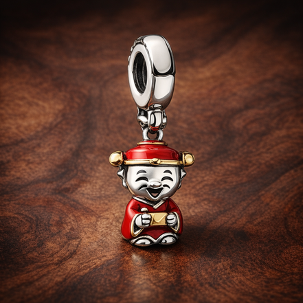 Fire Hydrant Charm - Red Fire Hydrant Dangle Charm — display on walnut