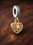 Gold Plated Heart Filigree Charm - Gold Plated Filigree Heart Dangle Charm — display on walnut