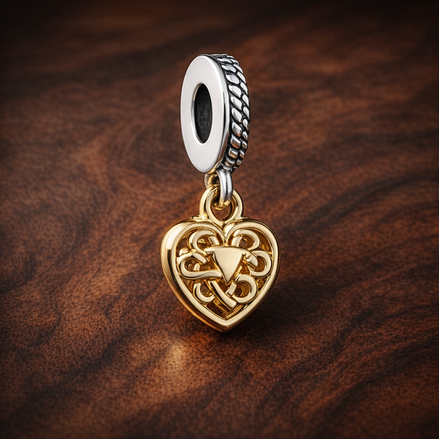Gold Plated Heart Filigree Charm - Gold Plated Filigree Heart Dangle Charm — display on walnut