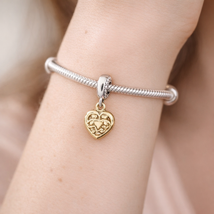 Gold Plated Heart Filigree Charm - Gold Plated Filigree Heart Dangle Charm — worn on wrist