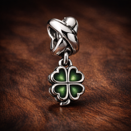 Green Clover Charm - Green Four Leaf Clover Charm — display on walnut